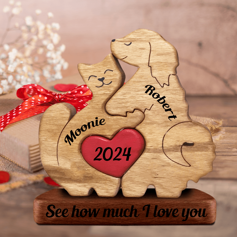 Couple Dog and Cat Wooden Couple - Wooden Pet Carvings