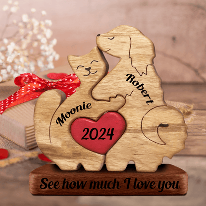 Couple Dog and Cat Wooden Couple - Wooden Pet Carvings