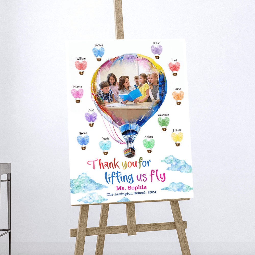 Personalized Fingerprint Art Hot Air Balloon Teacher Appreciation Welcome Sign - Custom Teacher and Up to 25 Kids Names - Balloon Teacher Canvas