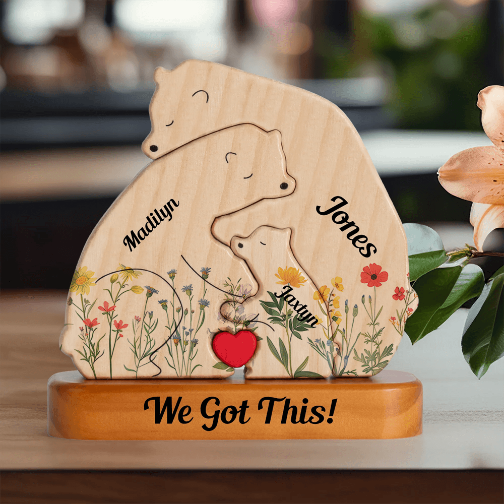 Flowers Bear Family Hug - Wooden Bears Family Pet Carvings