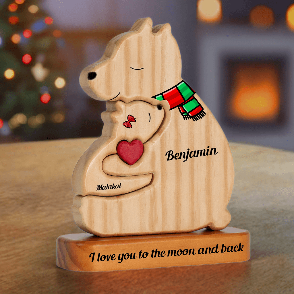 Personalized Single Parent Family Stand - Wooden Bear Carving
