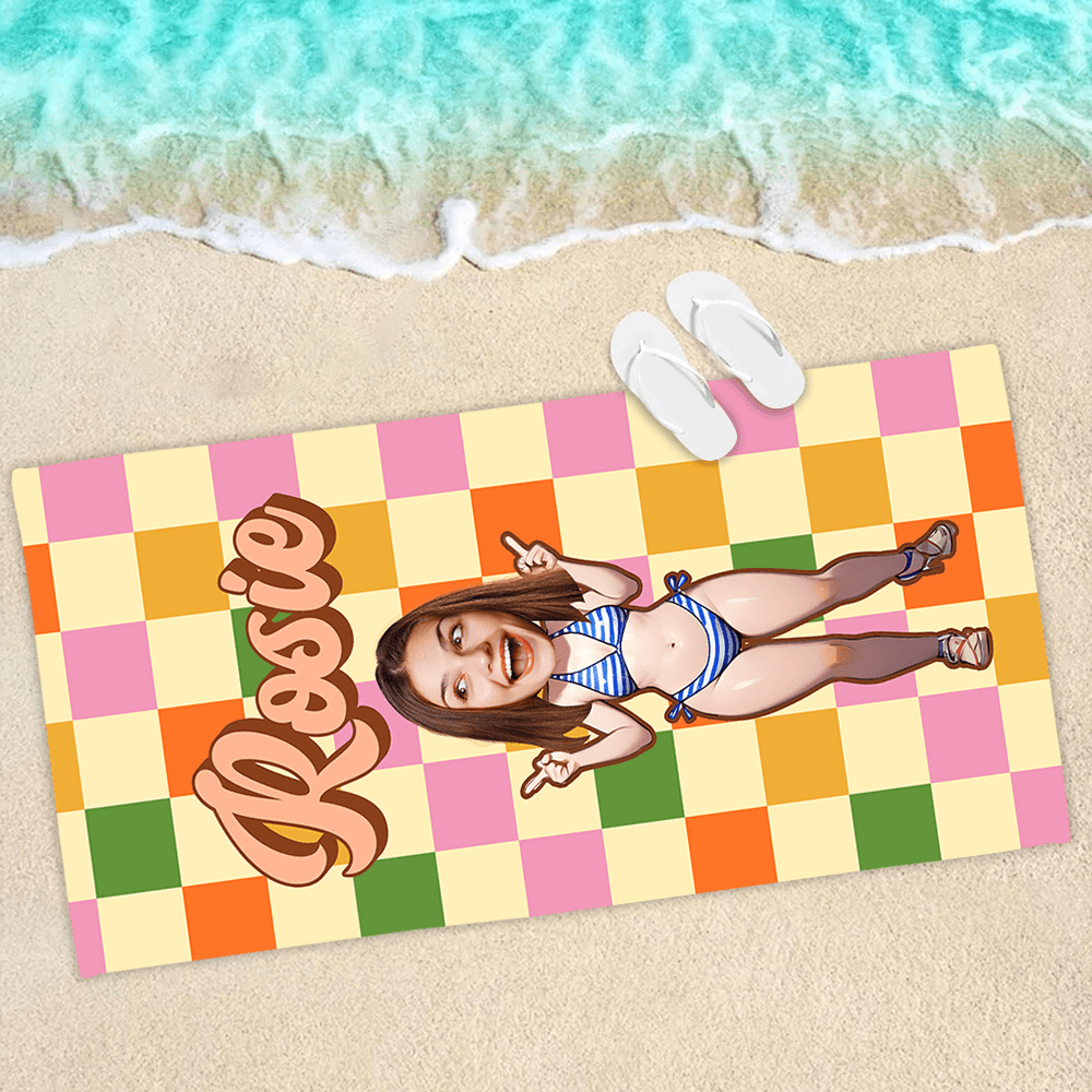 Personalized Retro Checkered Beach Towel - Custom Name Towel