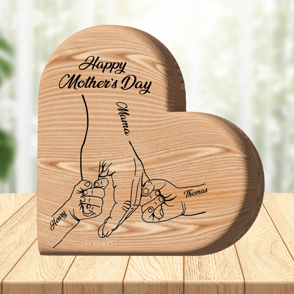 Holding Hand Happy Mother's Day - Heart Wooden Family - Wooden Carvings