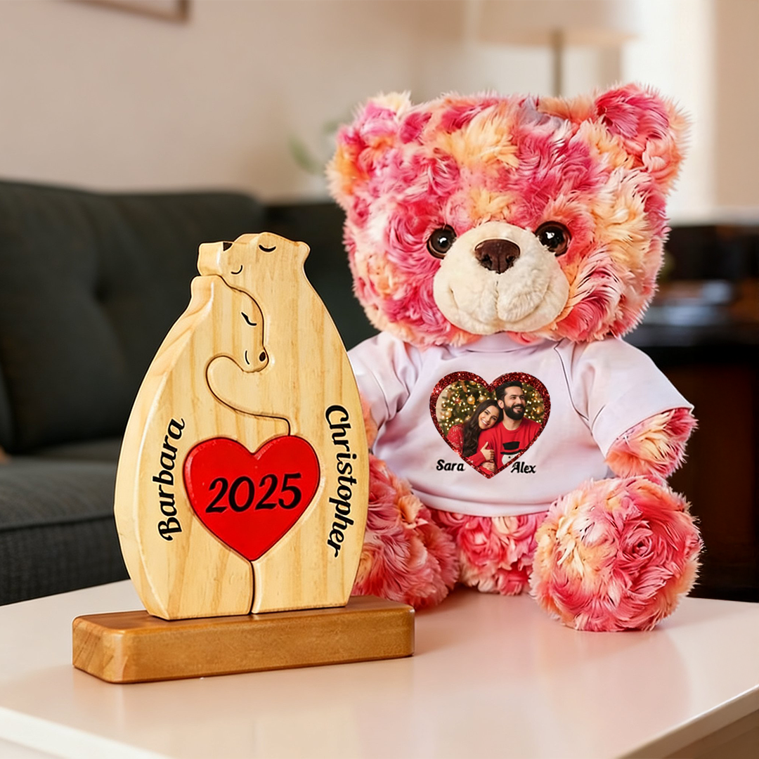 Personalisiertes Holzbärenpaar aus Holz - Puzzle Holzbärenfamilie - Holzschnitzereien für Haustiere