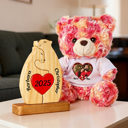 Personalisiertes Holzbärenpaar aus Holz - Puzzle Holzbärenfamilie - Holzschnitzereien für Haustiere