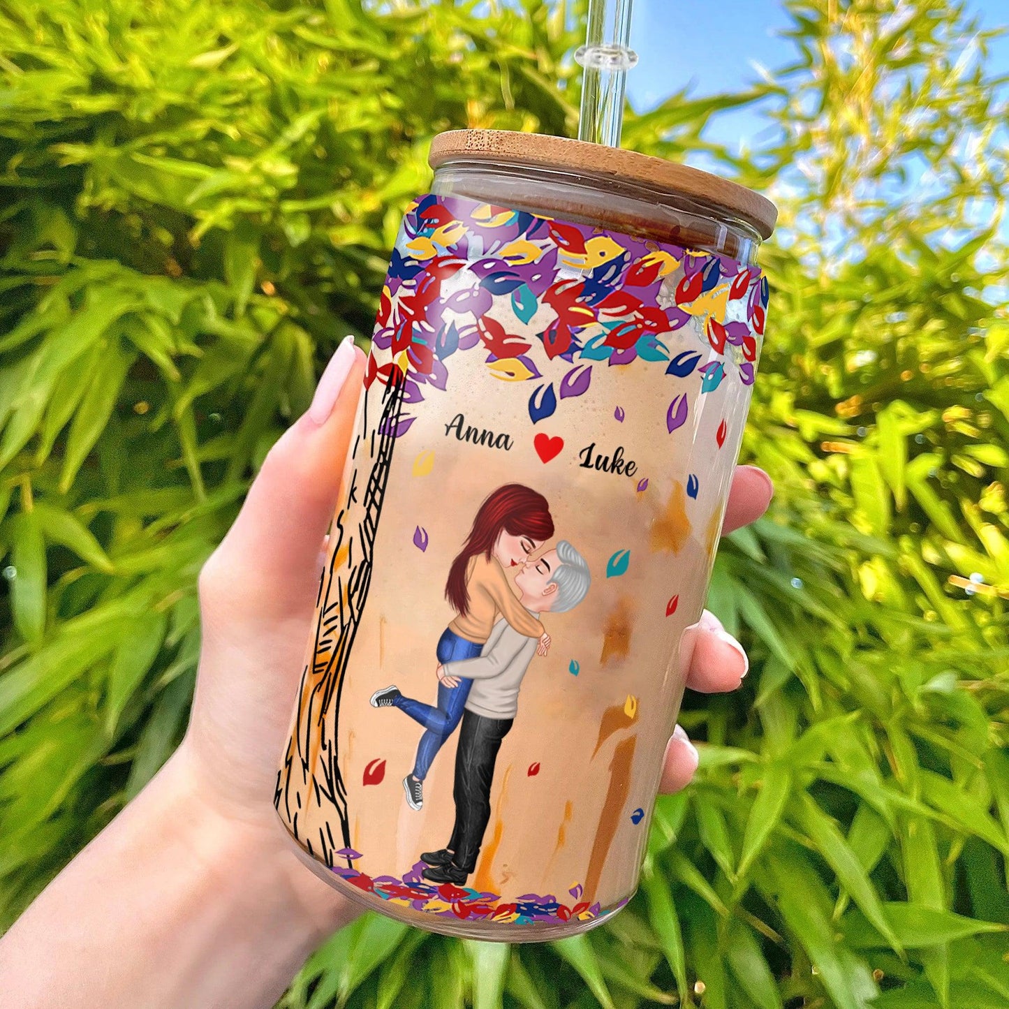Personalized Glass Bottle with Lid & Straw - Couple Gift