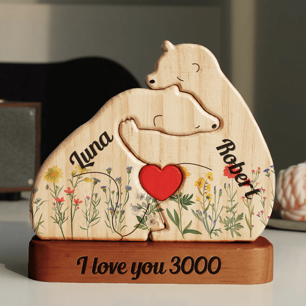 Flowers Bear Family Hug - Wooden Bears Family Pet Carvings