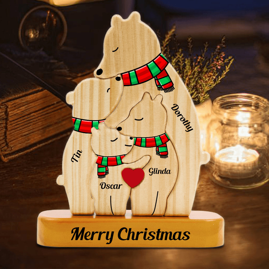 Personalized Single Parent Family Stand - Wooden Bear Carving