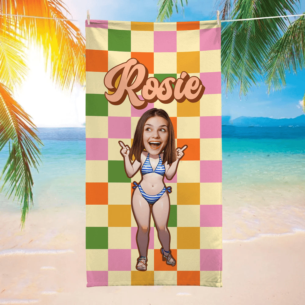 Personalized Retro Checkered Beach Towel - Custom Name Towel