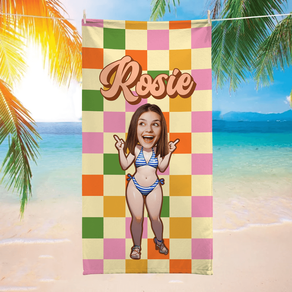Personalized Retro Checkered Beach Towel - Custom Name Towel