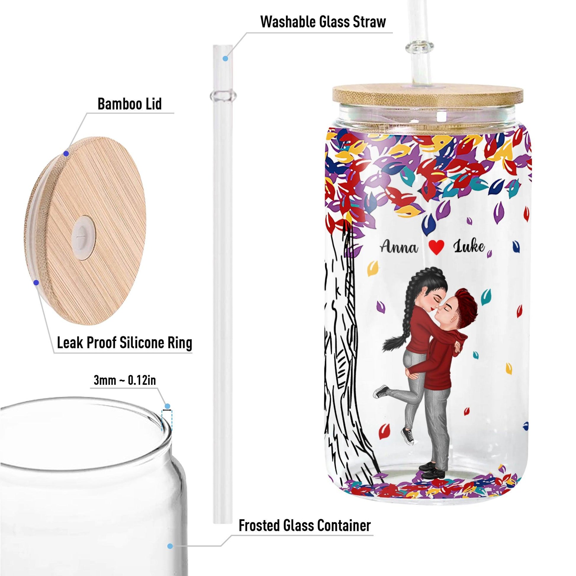 Personalized Glass Bottle with Lid & Straw - Couple Gift