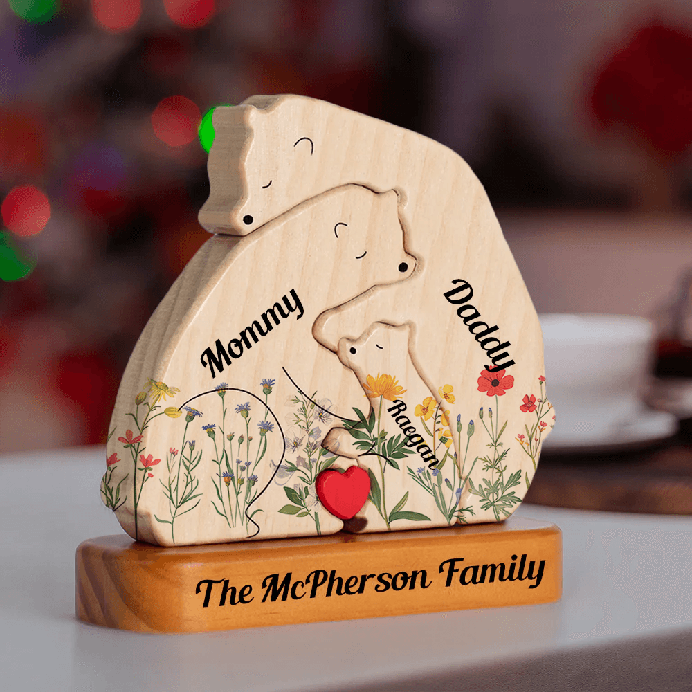 Flowers Bear Family Hug - Wooden Bears Family Pet Carvings