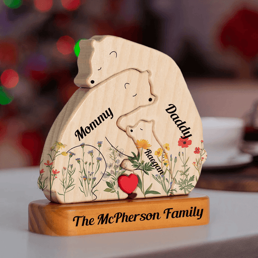 Flowers Bear Family Hug - Wooden Bears Family Pet Carvings