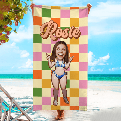 Personalized Retro Checkered Beach Towel - Custom Name Towel