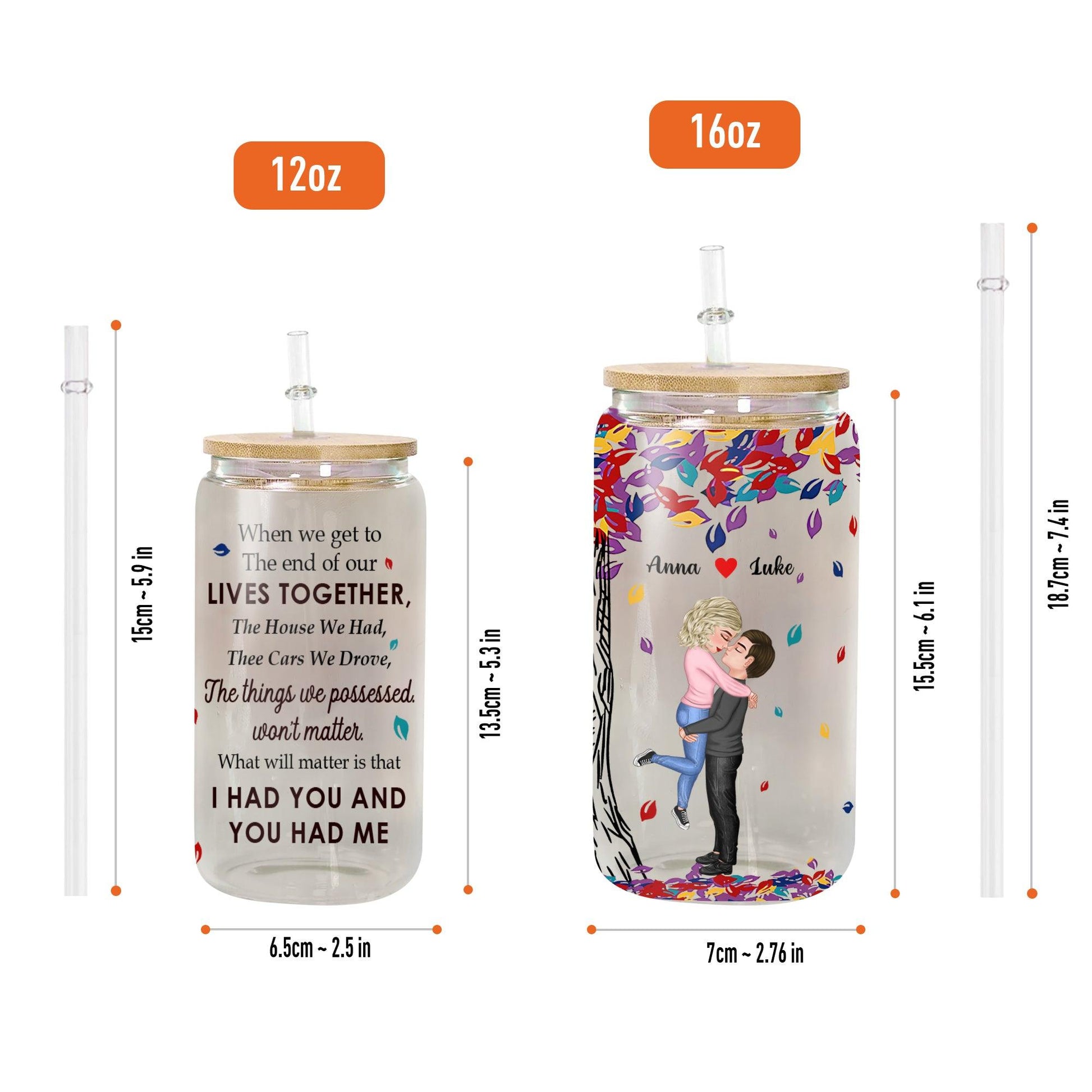 Personalized Glass Bottle with Lid & Straw - Couple Gift