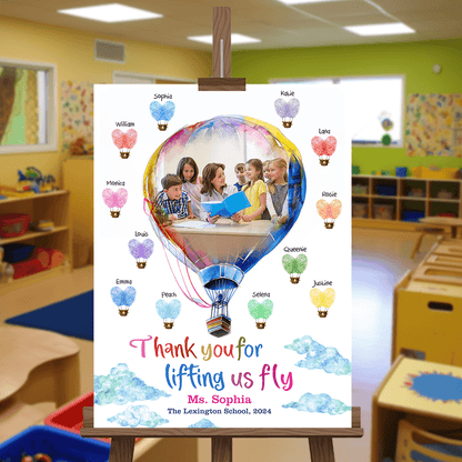 Personalized Fingerprint Art Hot Air Balloon Teacher Appreciation Welcome Sign - Custom Teacher and Up to 25 Kids Names - Balloon Teacher Canvas
