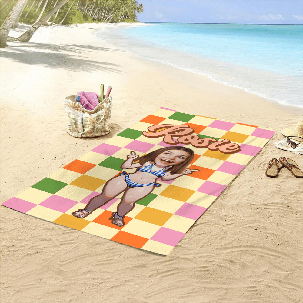 Personalized Retro Checkered Beach Towel - Custom Name Towel