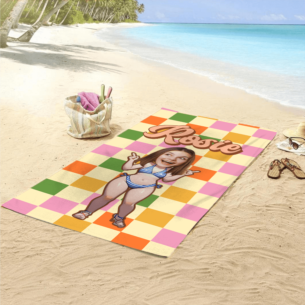 Personalized Retro Checkered Beach Towel - Custom Name Towel