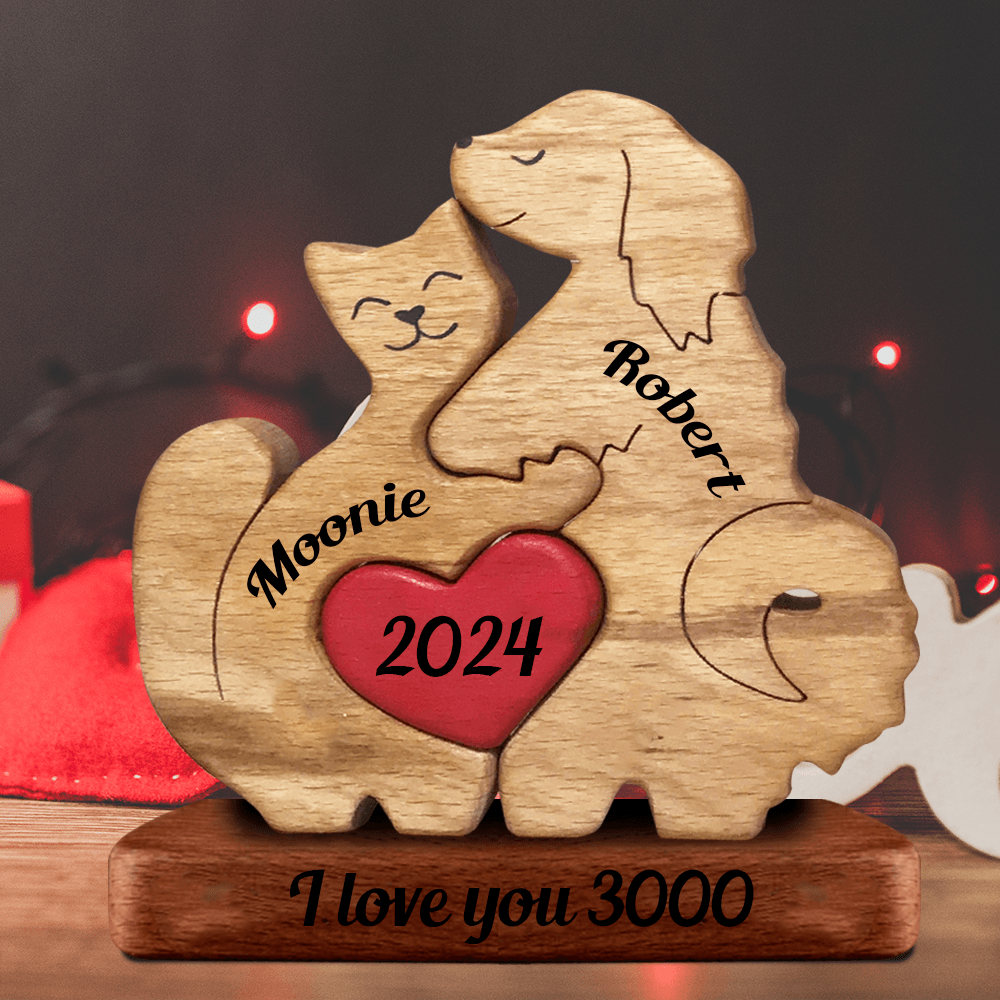 Couple Dog and Cat Wooden Couple - Wooden Pet Carvings