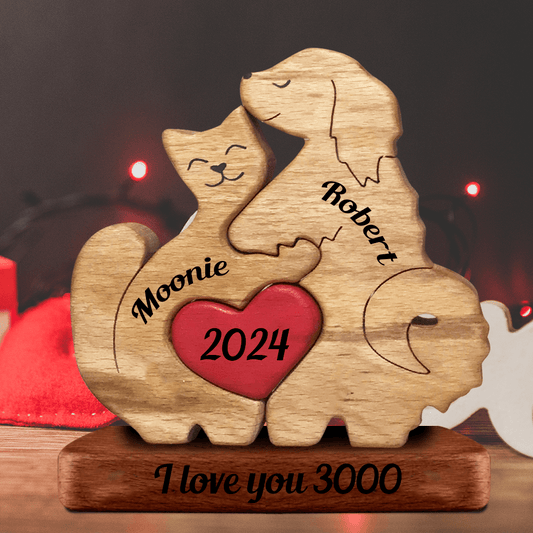 Couple Dog and Cat Wooden Couple - Wooden Pet Carvings