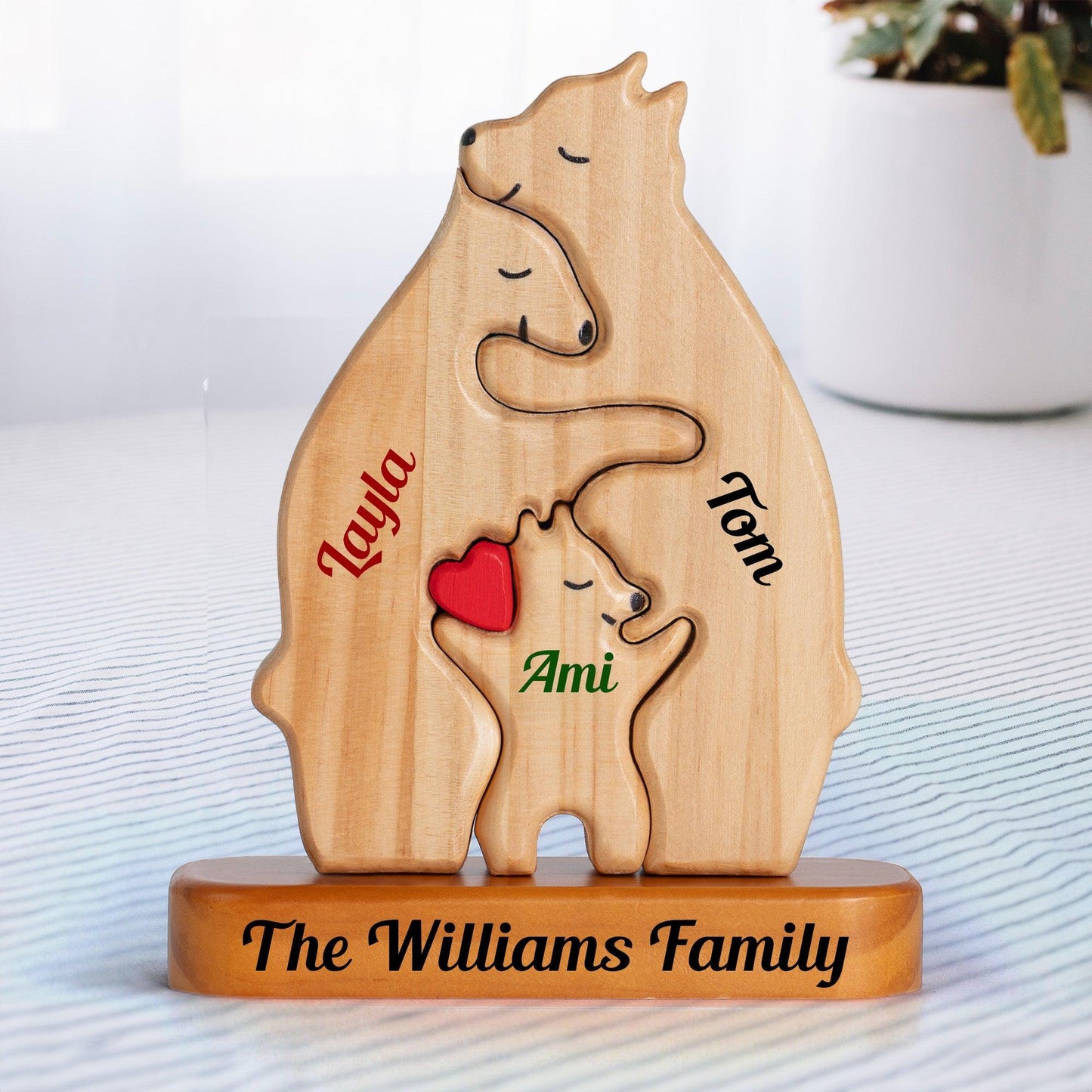 Colorful Name Wooden Bears Family, Bear Shaped Wood Puzzle with Custom Name - Thanksgiving, Christmas (Test Customily option)
