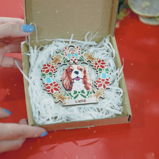 Wreath and Dog Holiday Ornament - Custom Shape Wood & Acrylic
