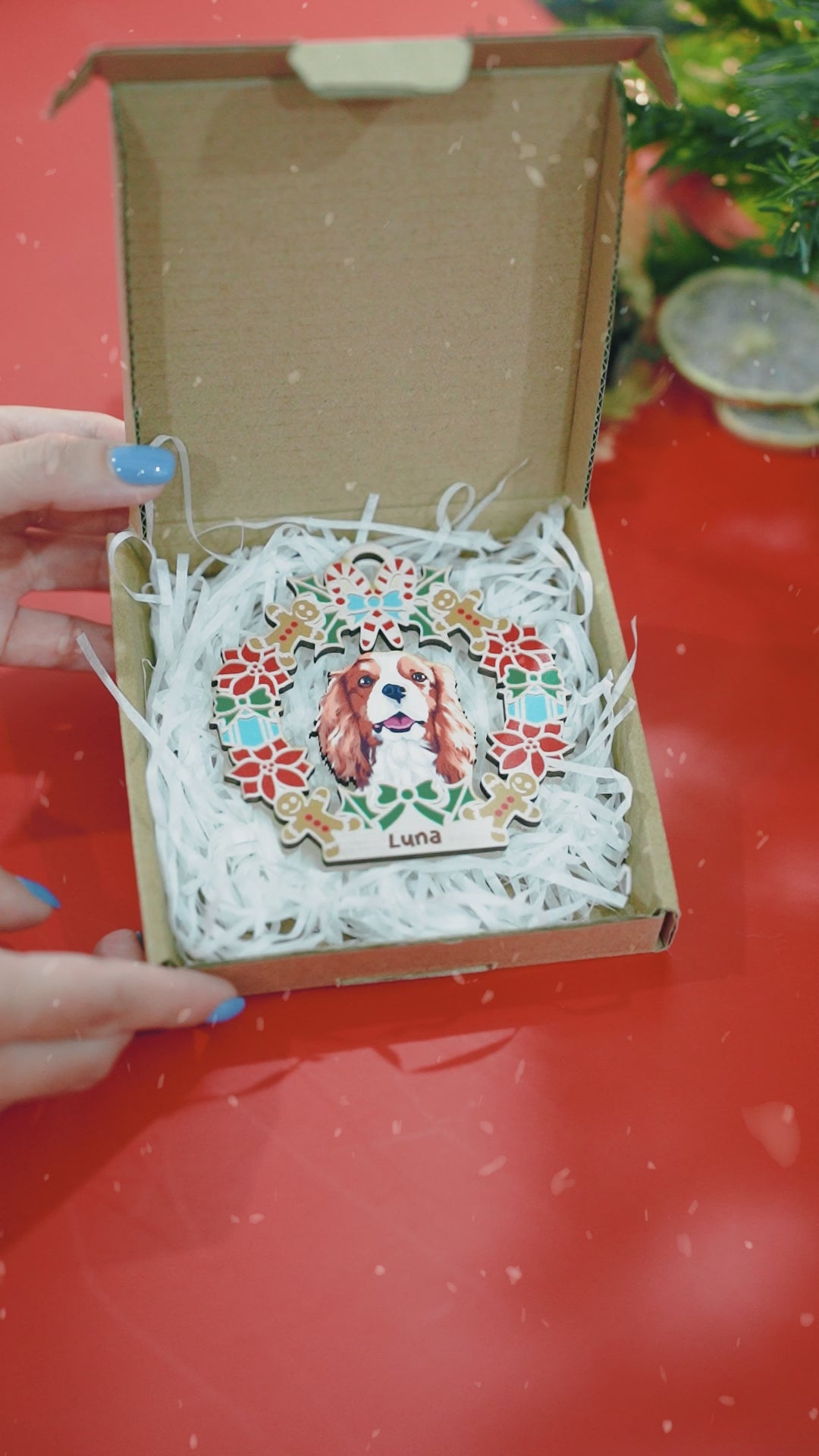 Wreath and Dog Holiday Ornament - Custom Shape Wood & Acrylic