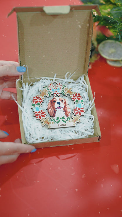 Wreath and Dog Holiday Ornament - Custom Shape Wood & Acrylic