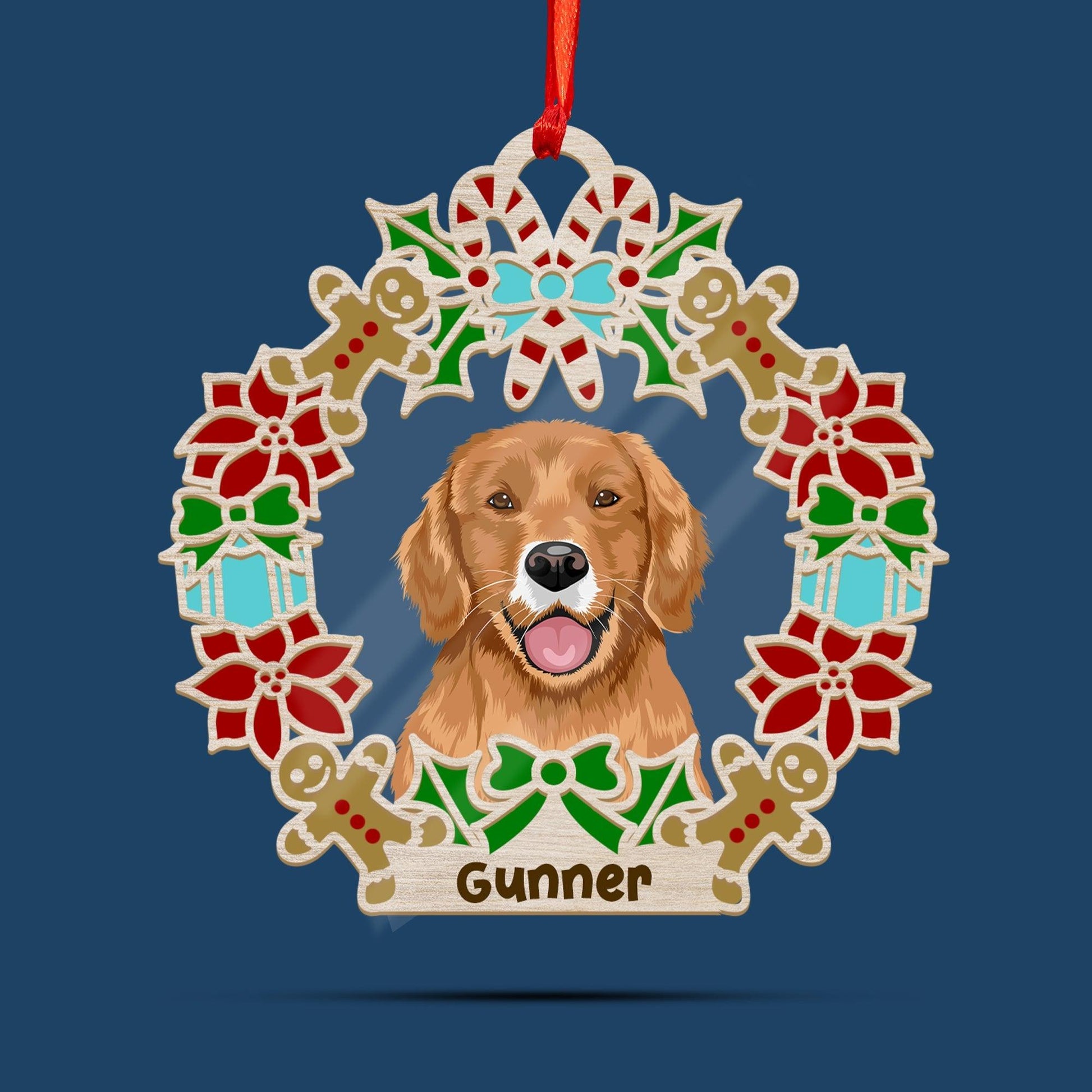 Wreath and Dog Holiday Ornament - Custom Shape Wood & Acrylic