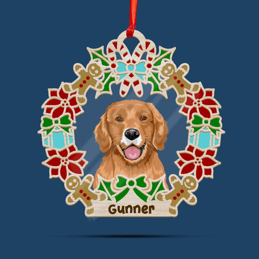 Wreath and Dog Holiday Ornament - Custom Shape Wood & Acrylic