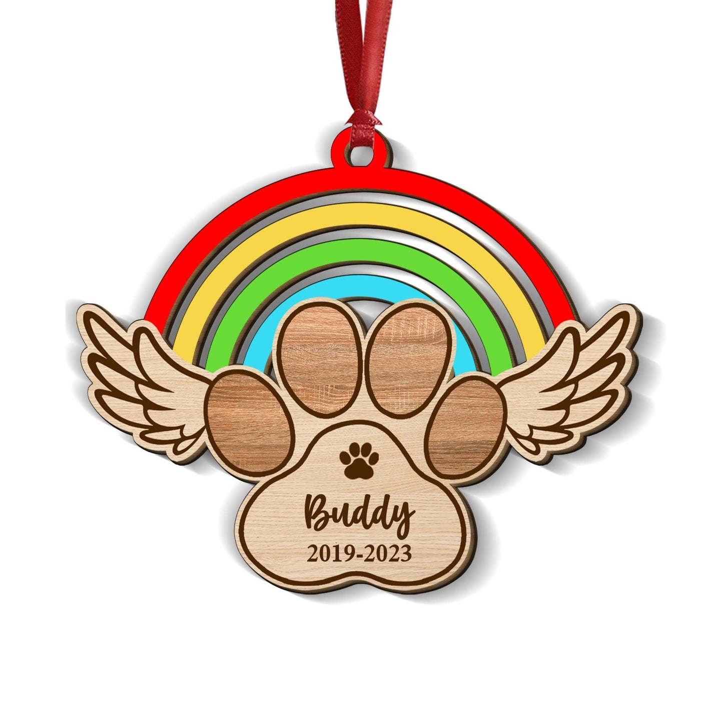 Memorial Rainbow Paw Christmas Ornament - 1 Layered Wood Ornament